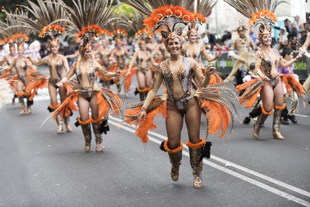 TENERIFE, FEBRUARY 28: Groups in the Carnival the Santa Cruz de Tenerife during different contests and grand parade of carnival groups FEBRUARY 28, 2017 Tenerife (Canary Islands) Spainのeditorial素材