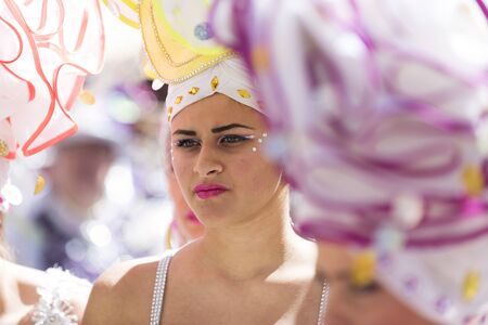 TENERIFE, MARCH 05: Carnival of day, the groups meet with the  people. fun and colorful in the streets. March 05, 2017 Tenerife (Canary Islands) Spainのeditorial素材