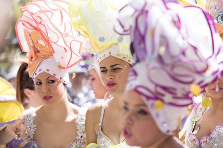 TENERIFE, MARCH 05: Carnival of day, the groups meet with the  people. fun and colorful in the streets. March 05, 2017 Tenerife (Canary Islands) Spainのeditorial素材