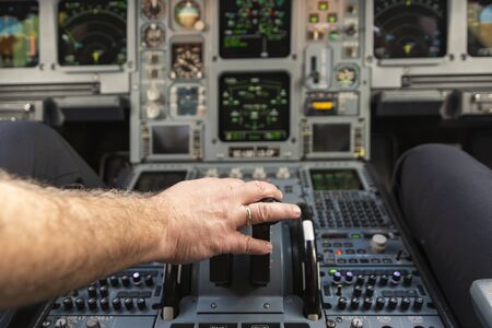 Cockpit of a passenger plane. View from the cockpit during the flight of a passenger aircraft.