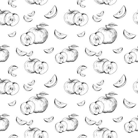Apple background. Seamless pattern of hand-drawn black apples on white background.のイラスト素材