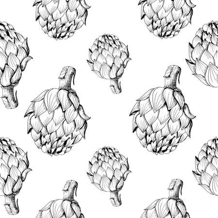 Artichoke sketch seamless pattern. Hand-drawn artichokes, isolated on white background.の写真素材