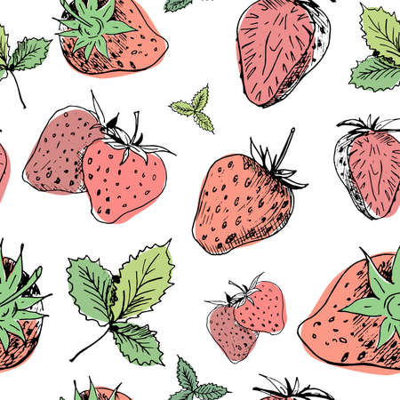 Strawberry seamless pattern. Hand-drawn red strawberry berries with green leaves without background. Wallpaper pattern, doodle of strawberry. Vector backdropの写真素材