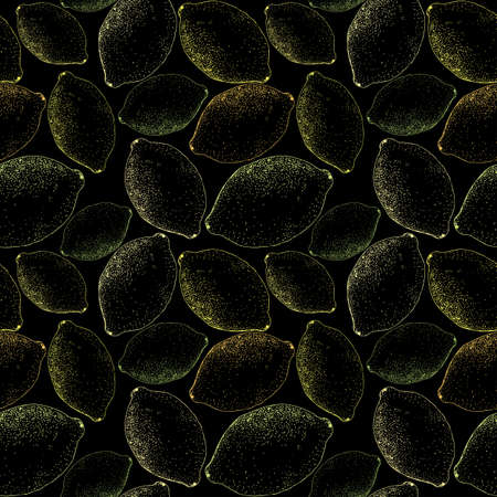 Lemon pattern. Hand painted yellow and green lemons on black, seamless backgroundの写真素材