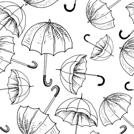 Umbrellas seamless sketch pattern. Black hand drawn umbrellas without background. Wallpaper pattern, doodle of umbrellas. Vector backdropのイラスト素材