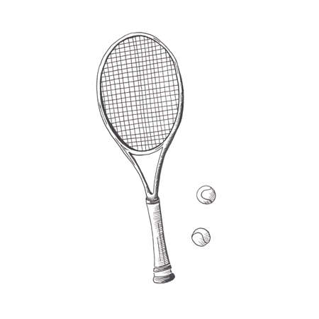 Tennis racquet. Hand drawn sketch style tennis racquet with tennis balls. Isolated on white background.の写真素材
