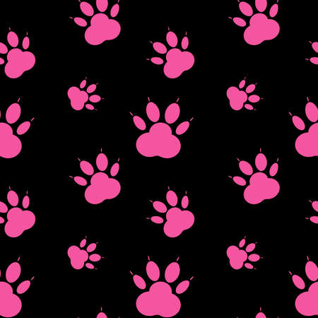 Paw pattern, seamless vector pattern silhouettes of paw, cat s feet, dog s footprint. Pink on black background.のイラスト素材