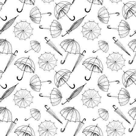Umbrellas seamless sketch pattern. Black hand drawn umbrellas without background. Wallpaper pattern, doodle of umbrellas. Vector backdrop.の写真素材