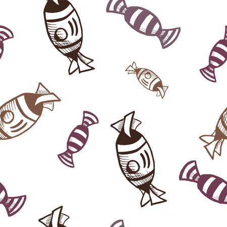 Brown candy pattern, vector seamless pattern, candy sketch, brown shades drawn on a white background.の写真素材