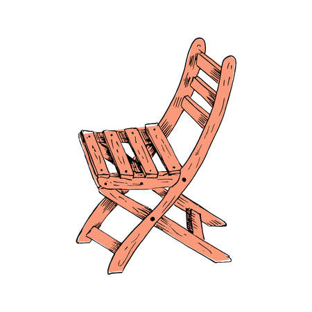Hand drawn garden chair. Sketch style colored  illustration of wooden street garden chair. Single, isolated on white background.の写真素材