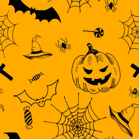 Halloween pattern. Black hand drawn objects on orange background. Seamless vector backdrop.のイラスト素材
