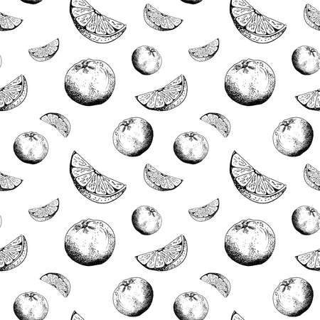 Orange sketch pattern. Hand drawn black orandes and orange slices on white background. Seamless vector backdropの写真素材