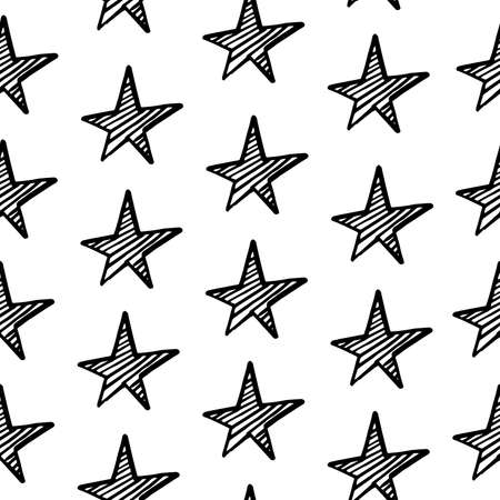Stars pattern. Hand-drawn doodle stars on white background. Seamless vector backdrop. Black and white.の写真素材