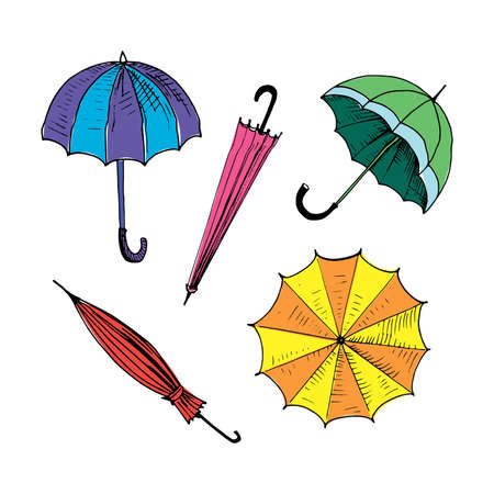 Umbrellas set. Collection of isolated painted colored umbrellas. Multicolor bright doodle illustration. Hand drawn vector illustration without backgroundのイラスト素材