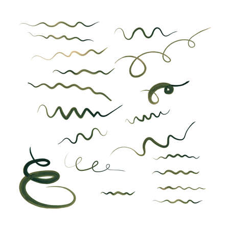 Abstract green watercolor brush strokes. Collection of wavy lines, scribbles, swirls, isolated on white background.のイラスト素材