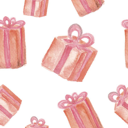 Festive background. Hand drawn watercolor gift boxes with ribbon on white background. Seamless patternの写真素材