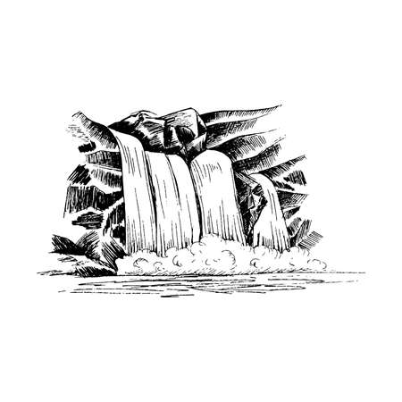 Waterfall vector sketch, cascade waterfall in the rocks hand-drawn vector illustration, landscape with a waterfall, black and white vector sketch isolated on white background for your design.のイラスト素材