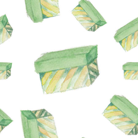 Festive background. Hand drawn watercolor gift boxes with ribbon on white background. Seamless patternの写真素材
