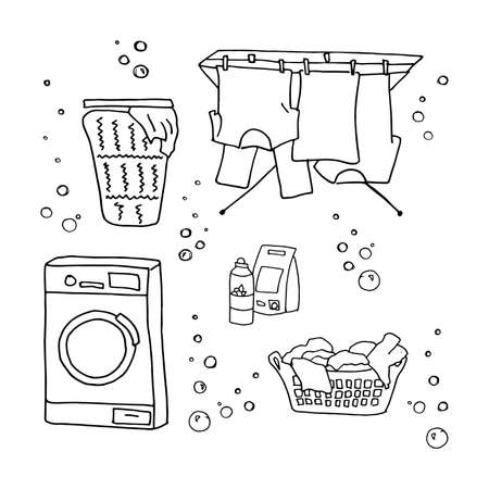 Laundry doodle set, washing clothes, washing machine, laundry detergent, laundry basket, clothes dry on ropes, dryer for clothes. Black and white vector illustration isolated on white background.のイラスト素材