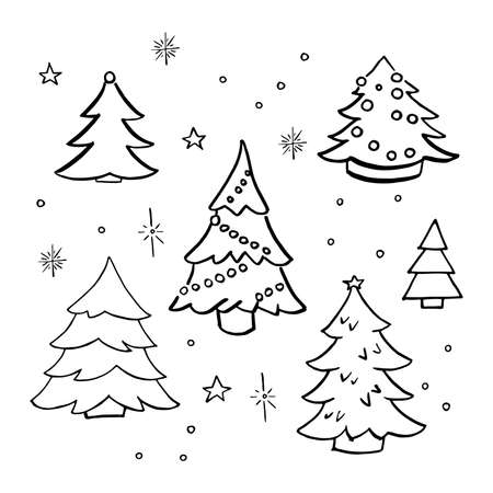 Christmas trees doodle set. Collection of hand drawn decorated christmas trees. Vector illustration. Isolated on white.のイラスト素材
