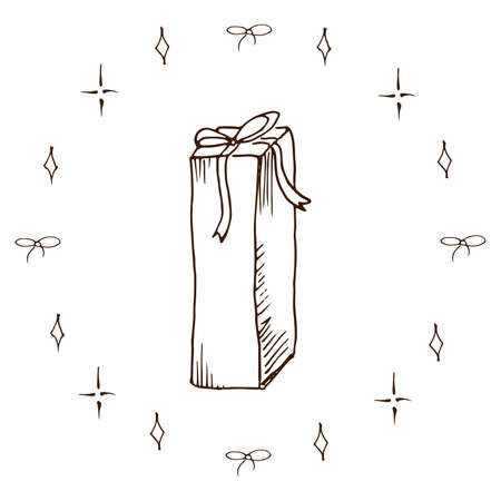 Gift box doodle. Simple, hand drawn vertical and narrow gift box. One, isolated on white.のイラスト素材