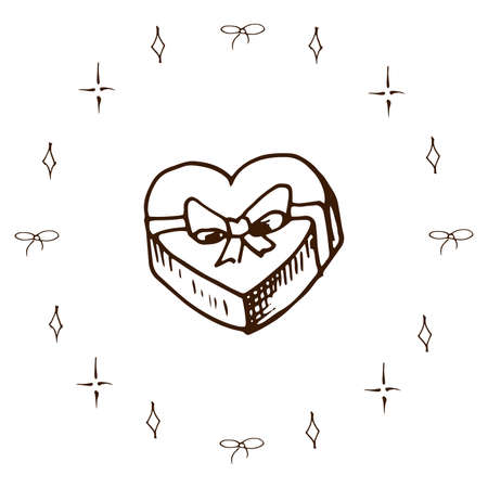 Gift box doodle. Simple hand drawn gift box in the shape of a heart, isolated on white. Vector illustrationのイラスト素材