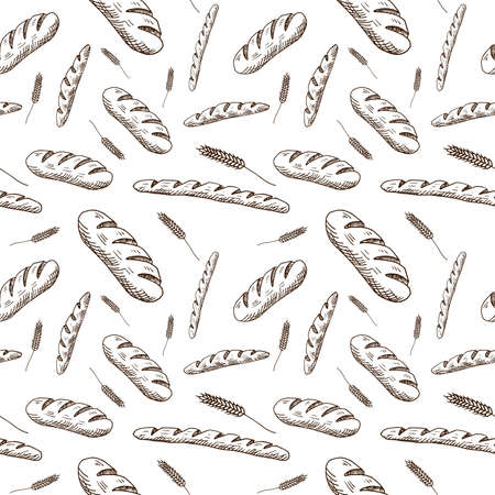 Bakery pattern. Hand drawn bread products on white background. Sketch style. Seamless vector backdrop.の写真素材