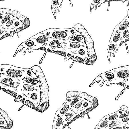 Pizza background. Hand drawn slices of pizza. Black sketch on white backdrop. Seamless wallpaper pattern.の写真素材