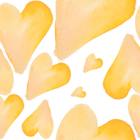 Yellow hearts pattern. Hand drawn watercolor yellow hearts, isolated on white background. Seamless...