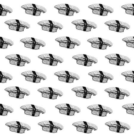 Sushi pattern. Hand-drawn japanese food sushi and rolls on a white background. Seamless vector backdrop. Black and whiteの写真素材