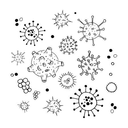 Virus and bacteria doodle set. Collection of simple hand drawn illustrations. Isolated on white. Vectorのイラスト素材