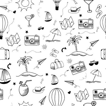 Travel doodle pattern. Seamless vector backdrop. Simple vector illustrations on white transparent backgroundのイラスト素材