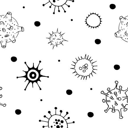 Viruses and bacteria doodle pattern. Seamless backdrop. Microbiology vector bacterial cells on transparent backgroundのイラスト素材