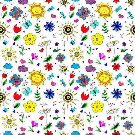 Spring pattern. Seamless vector backdrop. Simple cartoon objects and symbols on the spring nature theme on transparent background. Hand drawn illustrationsのイラスト素材