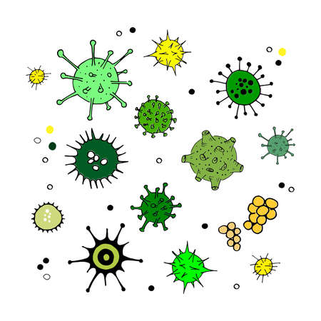 Viruses and bacteria doodle set. Simple colored green icons isolated on white. Microbiology vector bacterial cells isolated. Collection of hand drawn cartoon illustrationのイラスト素材