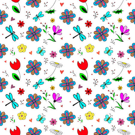 Spring pattern. Seamless vector backdrop. Simple cartoon objects and symbols on the spring nature theme on transparent background. Hand drawn illustrationsのイラスト素材