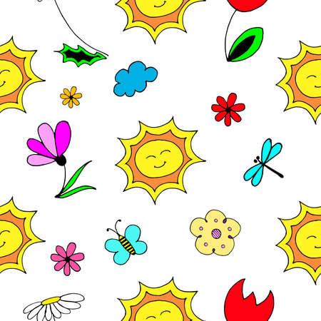 Spring pattern. Seamless vector backdrop. Simple cartoon objects and symbols on the spring nature theme on transparent background. Hand drawn illustrations.のイラスト素材