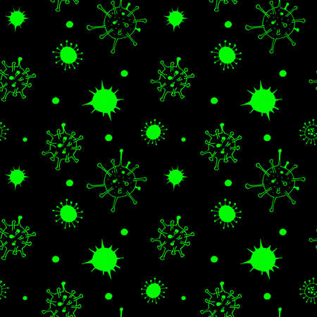 Viruses and bacteria pattern. Seamless backdrop. Green hand drawn illustrations. Microbiology vector bacterial cells on black backgroundのイラスト素材