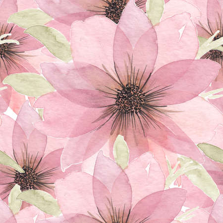 Floral watercolor pattern. Hand drawn illustrations of pink flowers. Seamless background.の写真素材