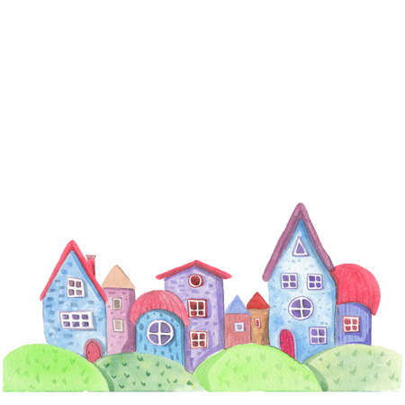 Watercolor houses. Cute cartoon town. Hand painted illustration, isolated on whiteの写真素材