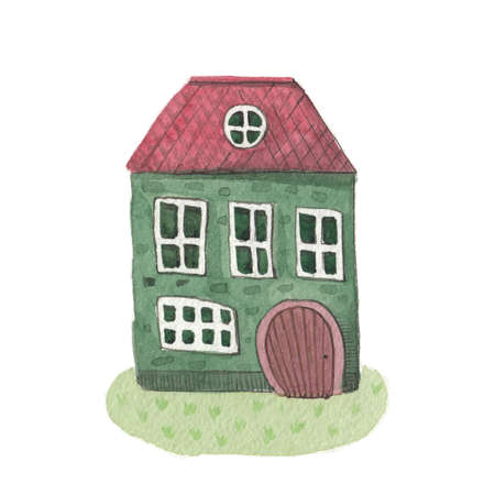 Watercolor house. Cute green fairytale house. Hand painted illustration, isolated on white. Cartoon hand drawn style.の写真素材