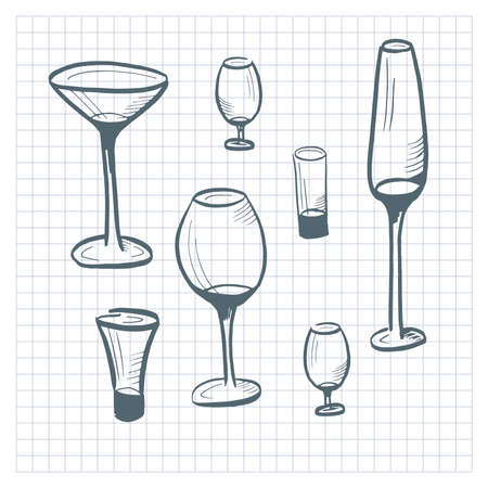 Glasses collection. Set of hand drawn doodle style glasses for alcohol drinks. Vector illustrationのイラスト素材