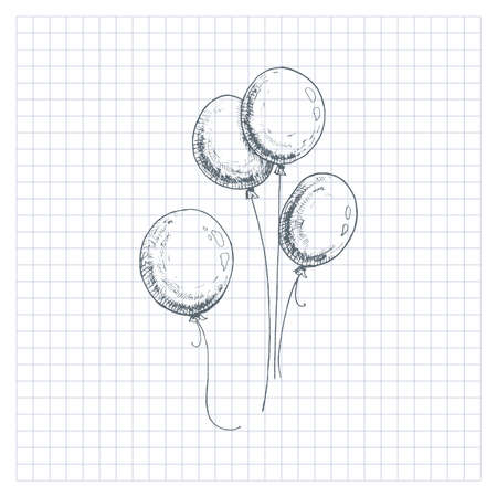 Balloons sketch. Hand-drawn balloons, on checkered background. Vector illustration.のイラスト素材