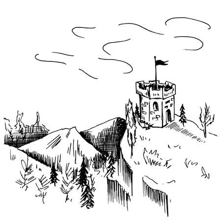 Landscape in sketch style. Ancient tower on the hill. Black and white, vector illustration.のイラスト素材