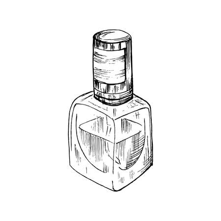 Glass bottle for perfume, cosmetics or nail polish. Hand-drawn in sketch style. Vector illustration.のイラスト素材