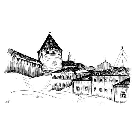 Kremlin in the city of Kazan. City landscape. Black and white sketch. Hand-drawn vector illustrationのイラスト素材