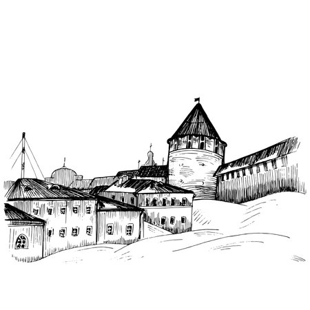 Castle. Black and white sketch. Hand-drawn vector illustrationのイラスト素材
