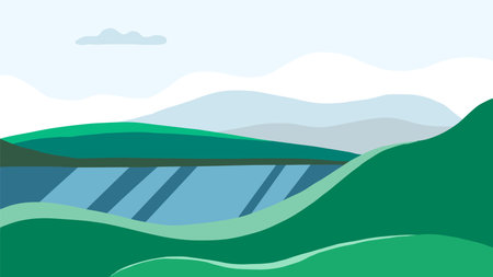 Blue and green vector background. Abstract landscape, mountain view in flat style.のイラスト素材