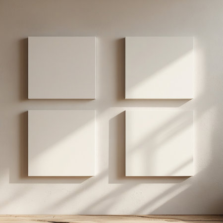 Four blank canvases on the wall, soft light. Photo for design and mockupsの素材