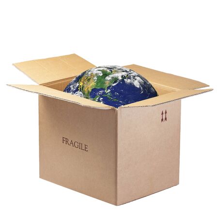 Planet Earth inside Open Box Fragile Isolatedの写真素材